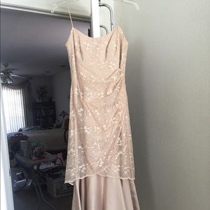 Champagne beige prom dress with glitter accents